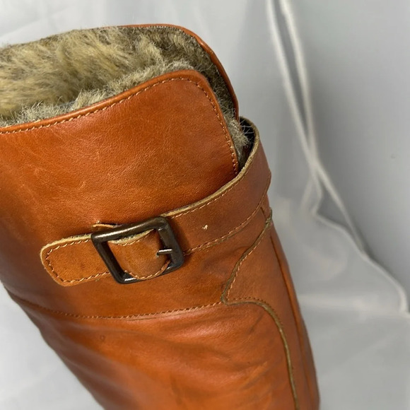 Aback A&B Cognac Leather Knee High Boots Buckle  Heels Faux Fur Inner Band 38 EU - Picture 2 of 16